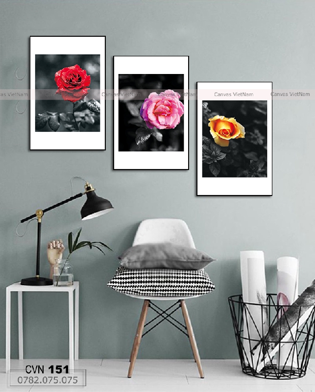 Bộ 3 tranh canvas trang trí decor hoa hồng-151